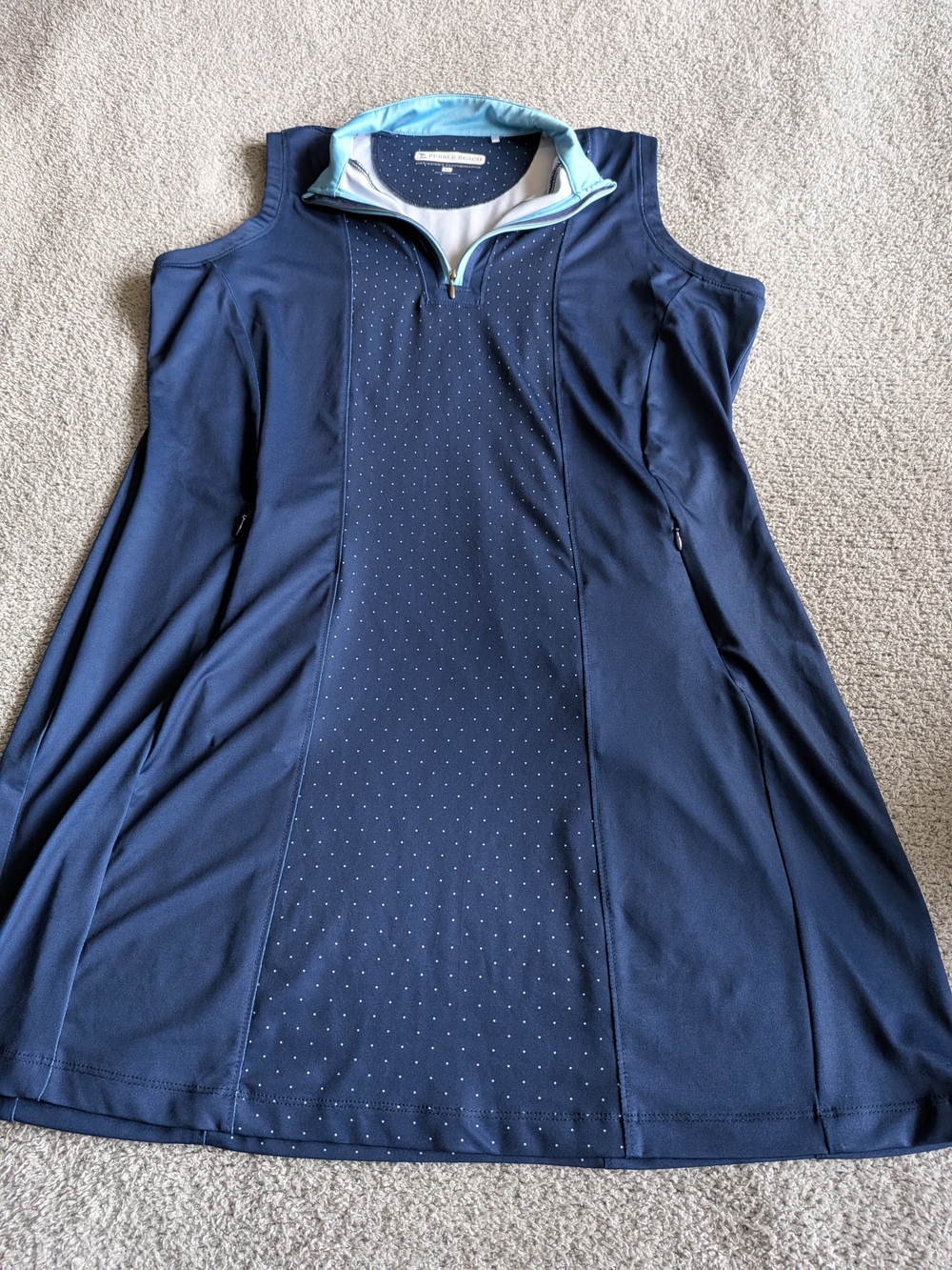 Pebble Beach Navy Polka Dot Sleeveless Polo Golf Dress with Light Blue Trim